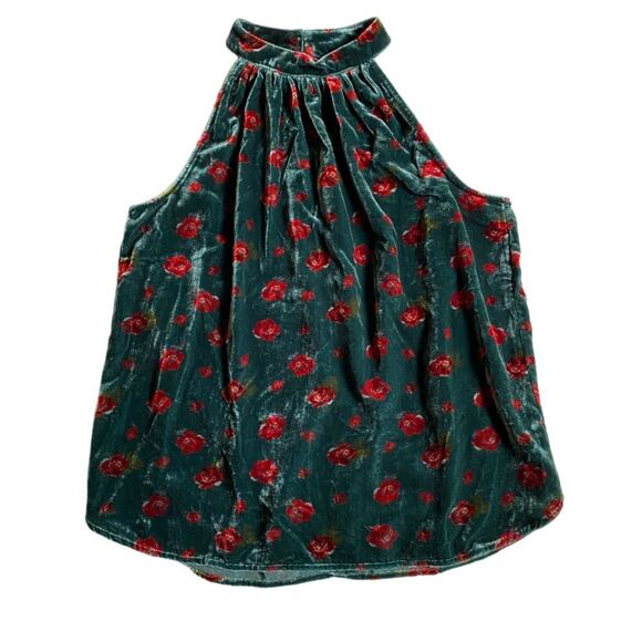 NWT Loft Women's Halter Top Size XS Floral Velvet Shirred Green Red Coquette - Picture 4 of 13
